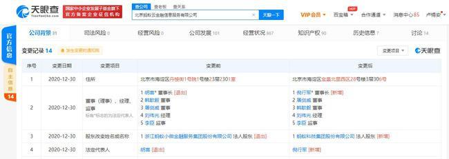 胡喜退出北京蚂蚁云金融信息服务、董事长 新增蚂蚁金服CTO倪行军为、董事长